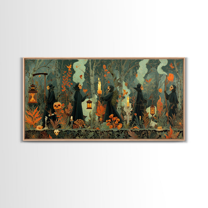 The Autumn Reaper Parade - Occult Still Life, Occult Wall Decor, Wide Panoramic Art, Canvas Print, Halloween Home Decor, Gothic Wall Art