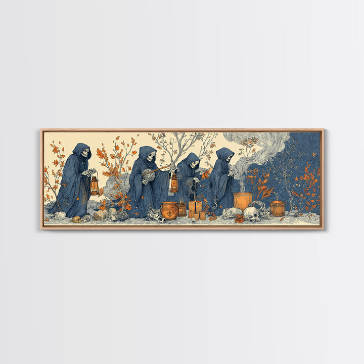 The Autumn Reaper Parade - Occult Still Life, Halloween Wall Art, Extra Wide Wall Art, Framed Canvas Print, Halloween Home Decor