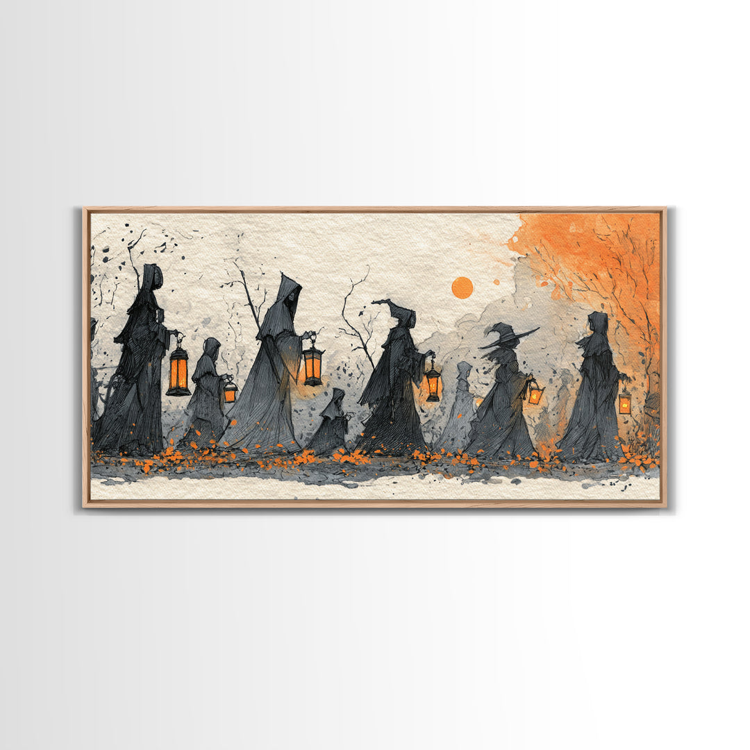 The Autumn Reaper Parade - Procession Scene, Spooky Wall Decor, Wide Panoramic Art, Framed Canvas Print, Halloween Home Decor