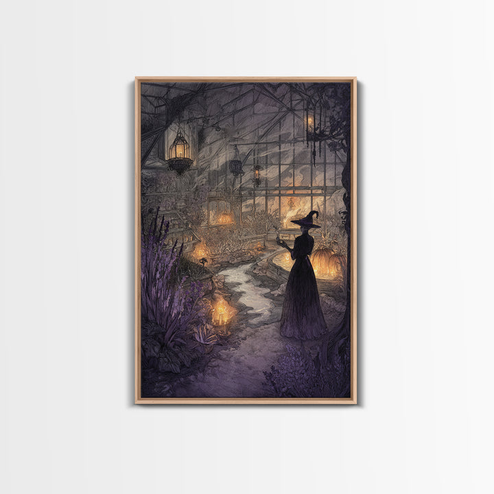 The Witch Queen Greenhouse - Environmental Panorama, Halloween Wall Art, Vertical Wall Art, Framed Canvas Print, Halloween Home Decor