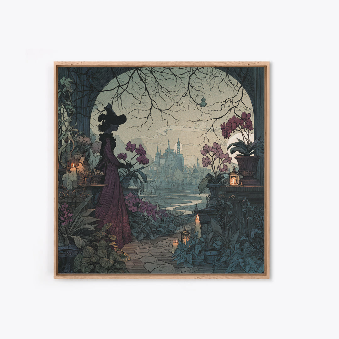 The Witch Queen Greenhouse - Environmental Panorama, Spooky Wall Decor, Square Wall Art, Framed Canvas Print, Halloween Home Decor