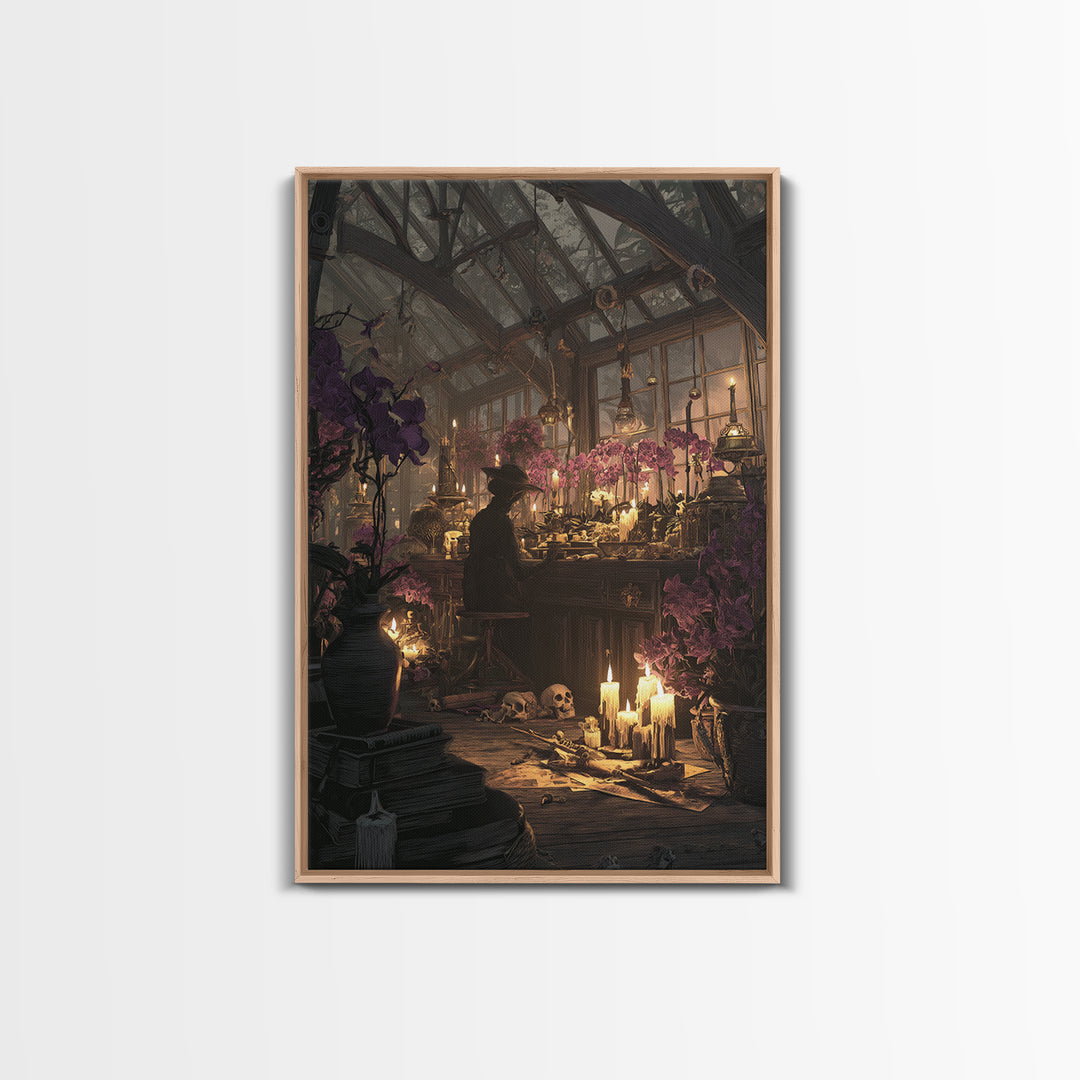 The Witch Queen Greenhouse - Occult Still Life, Macabre Halloween Art, Vertical Wall Art, Framed Canvas Print, Halloween Home Decor