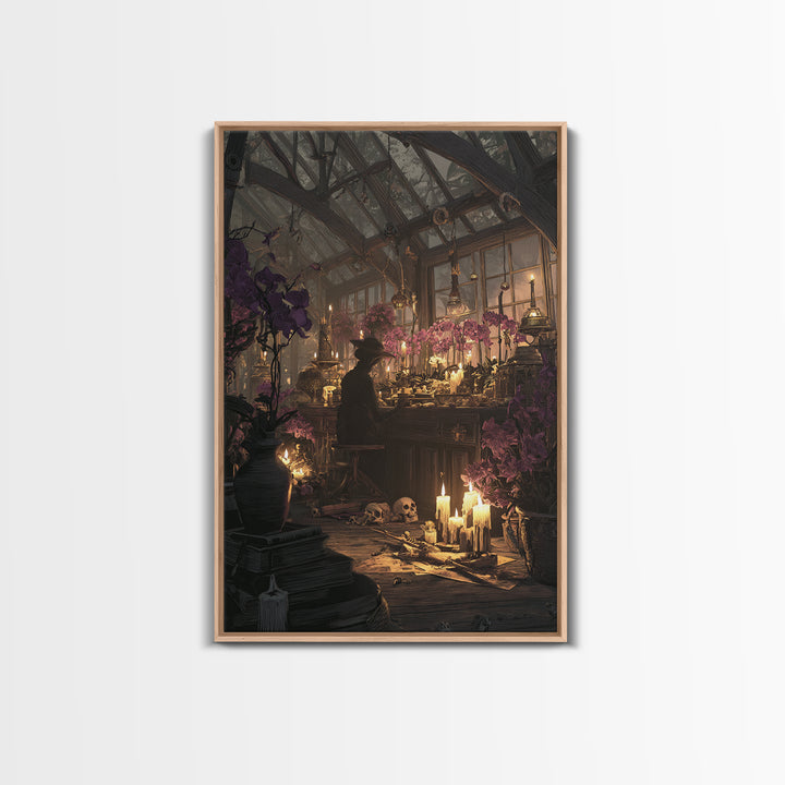 The Witch Queen Greenhouse - Occult Still Life, Macabre Halloween Art, Vertical Wall Art, Framed Canvas Print, Halloween Home Decor