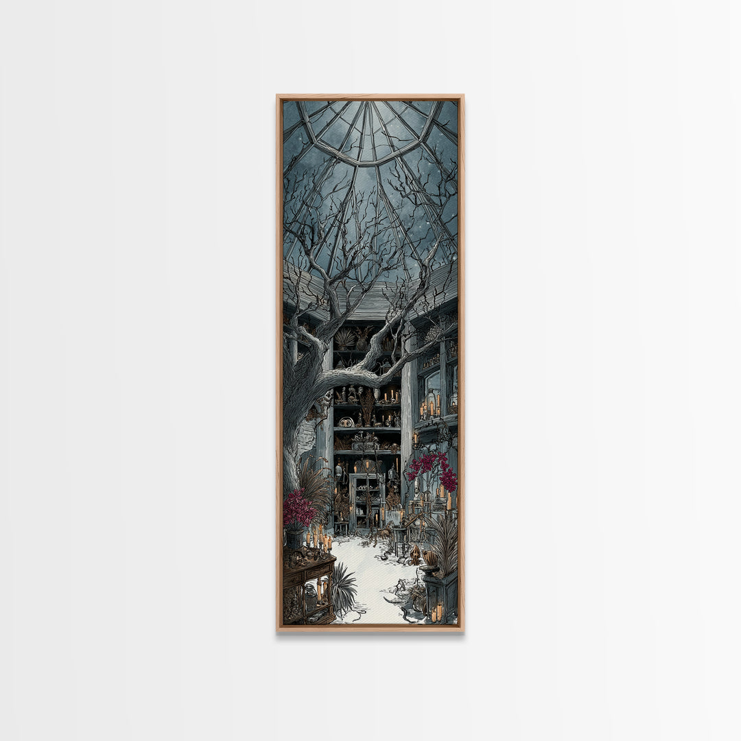 The Witch Queen Greenhouse - Occult Still Life, Spooky Wall Decor, Tall Narrow Wall Art, Framed Canvas Print, Halloween Home Decor