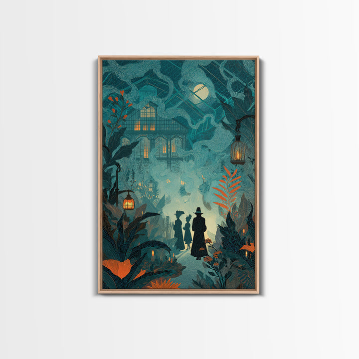 The Witch Queen Greenhouse - Procession Scene, Macabre Halloween Art, Vertical Wall Art, Framed Canvas Print, Halloween Home Decor