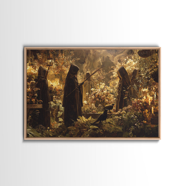 The Witch Queen Greenhouse - Procession Scene, Spooky Wall Decor, Landscape Wall Art, Framed Canvas Print, Halloween Home Decor