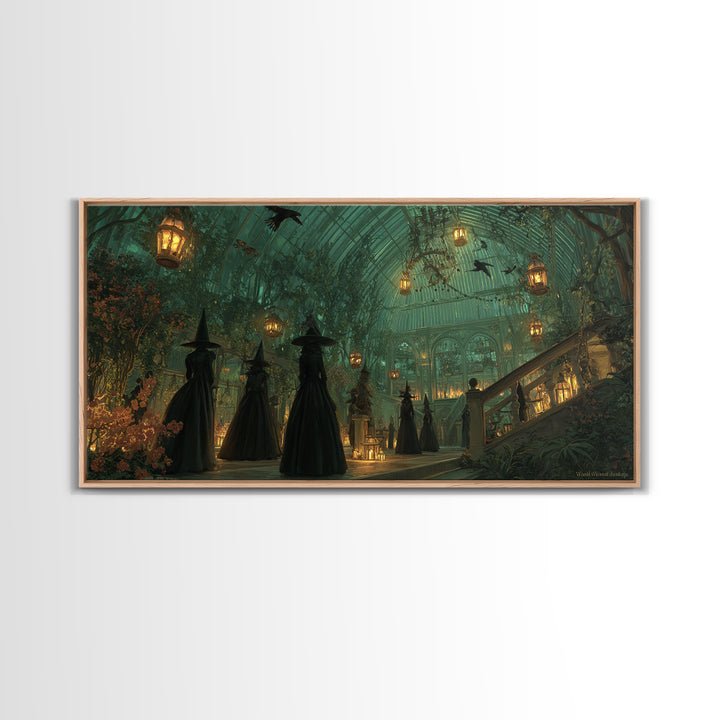 The Witch Queen Greenhouse - Procession Scene, Spooky Wall Decor, Wide Panoramic Art, Framed Canvas Print, Halloween Home Decor
