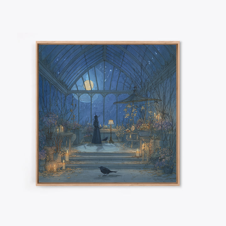 The Witch Queen Greenhouse - Surreal Celestial Vision, Spooky Wall Decor, Square Wall Art, Framed Canvas Print, Halloween Home Decor