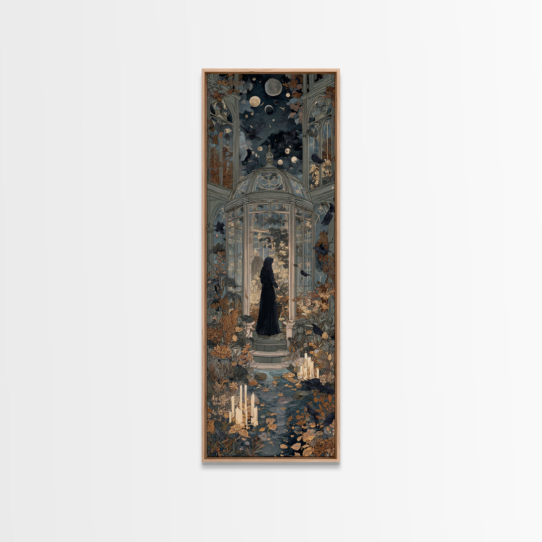 The Witch Queen Greenhouse - Surreal Celestial Vision, Spooky Wall Decor, Tall Narrow Wall Art, Framed Canvas Print, Halloween Home Decor