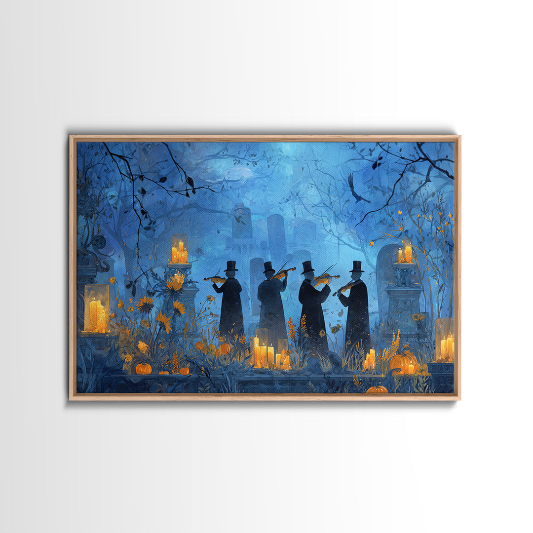 The Ghostly Violin Procession - Occult Still Life, Spooky Wall Decor, Landscape Wall Art, Framed Canvas Print, Halloween Home Decor