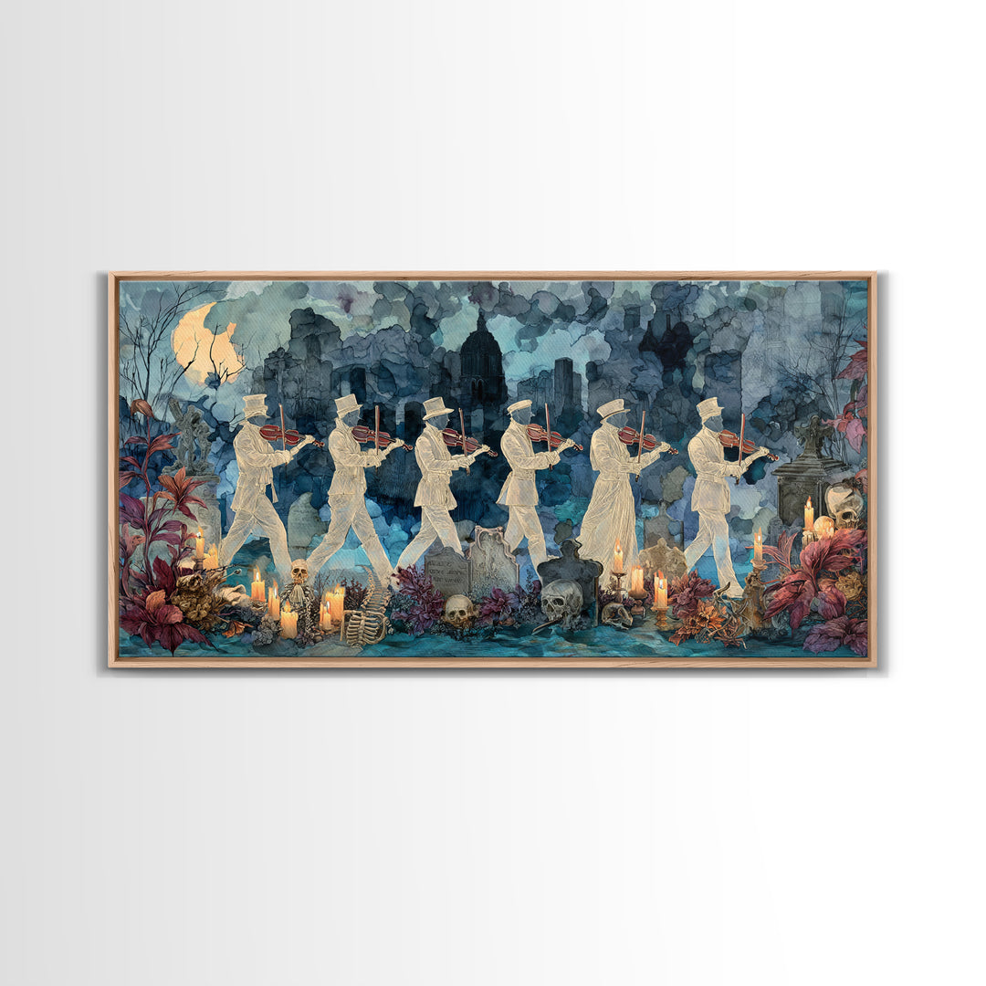 The Ghostly Violin Procession - Occult Still Life, Spooky Wall Decor, Wide Panoramic Art, Framed Canvas Print, Halloween Home Decor