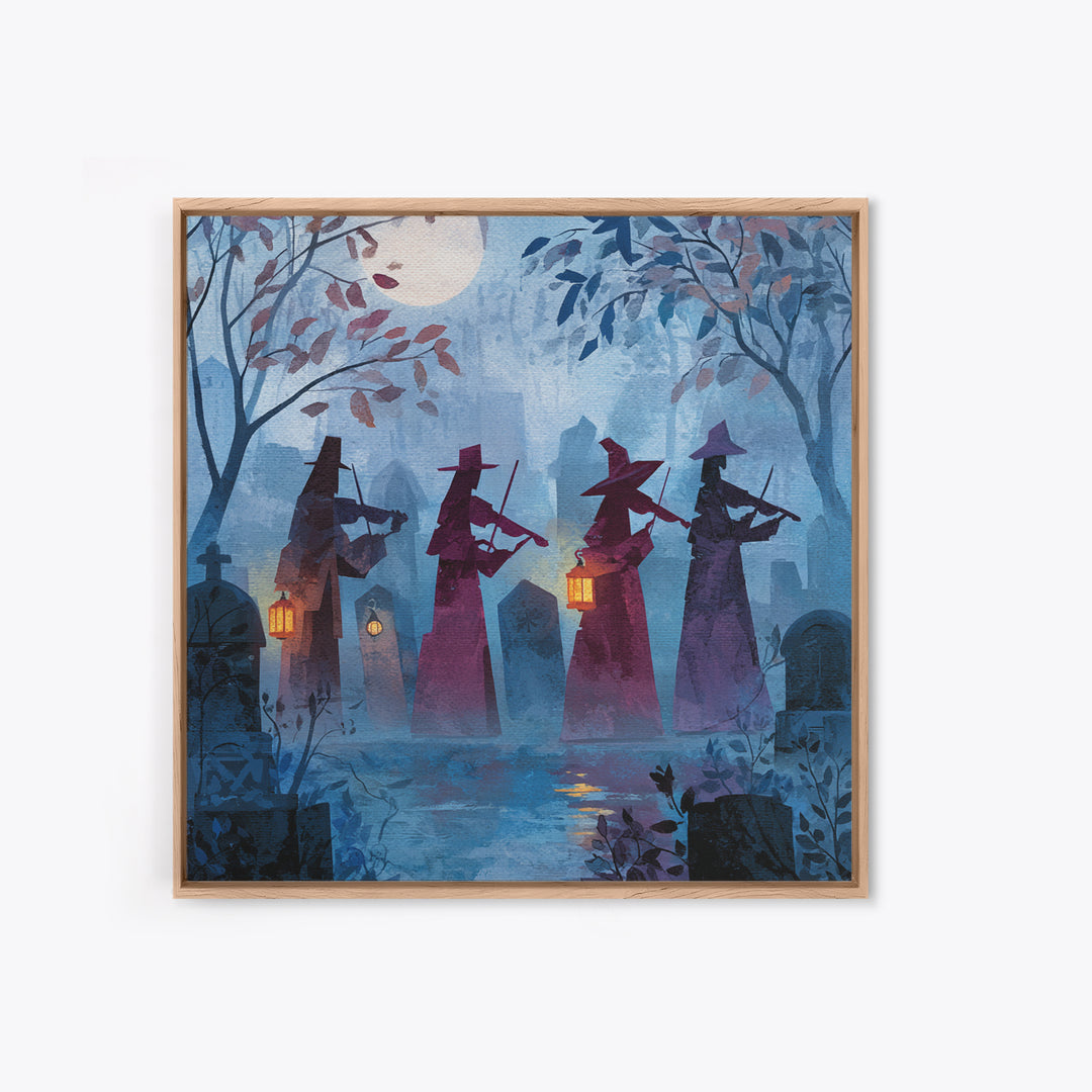 The Ghostly Violin Procession - Procession Scene, Macabre Halloween Art, Square Wall Art, Framed Canvas Print, Halloween Home Decor