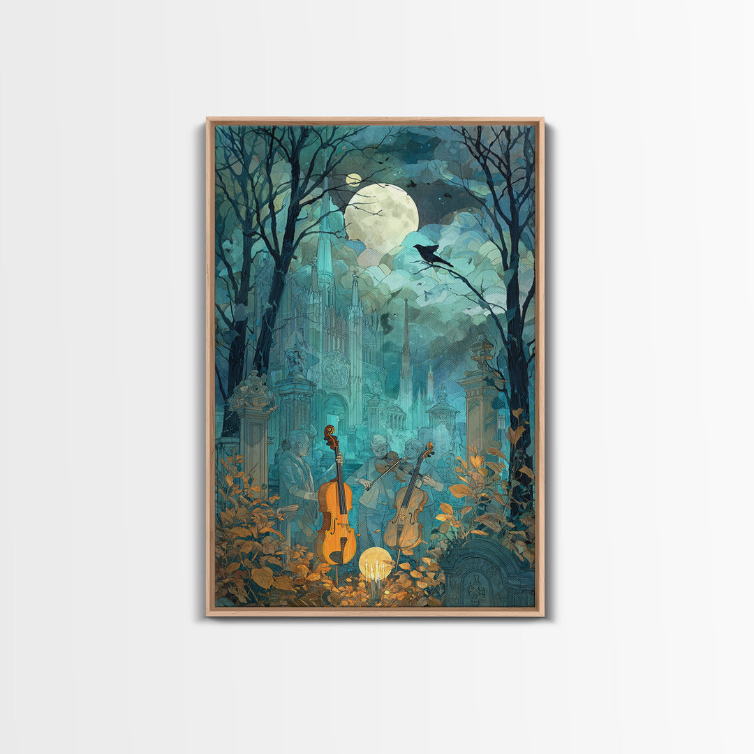 The Ghostly Violin Procession - Surreal Celestial Vision, Occult Wall Decor, Vertical Wall Art, Canvas Print, Halloween Home Decor