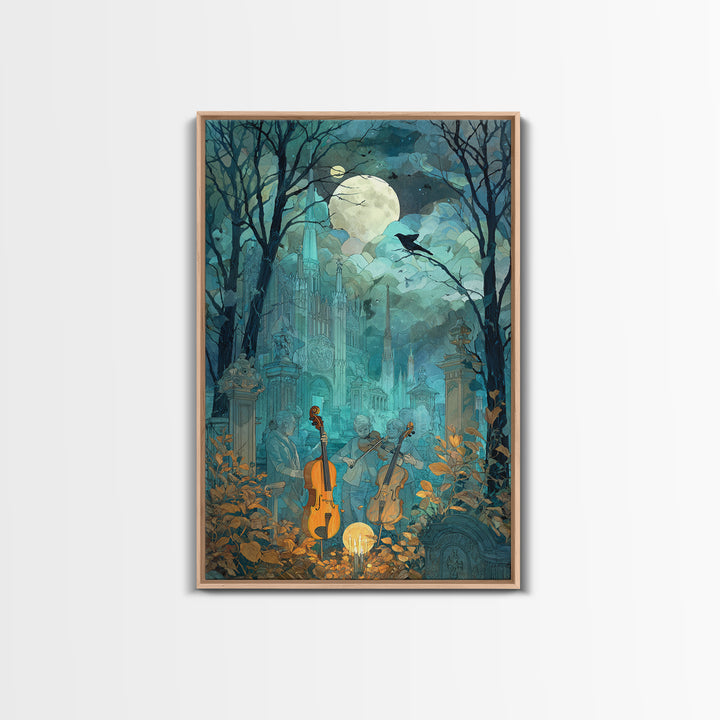 The Ghostly Violin Procession - Surreal Celestial Vision, Occult Wall Decor, Vertical Wall Art, Canvas Print, Halloween Home Decor