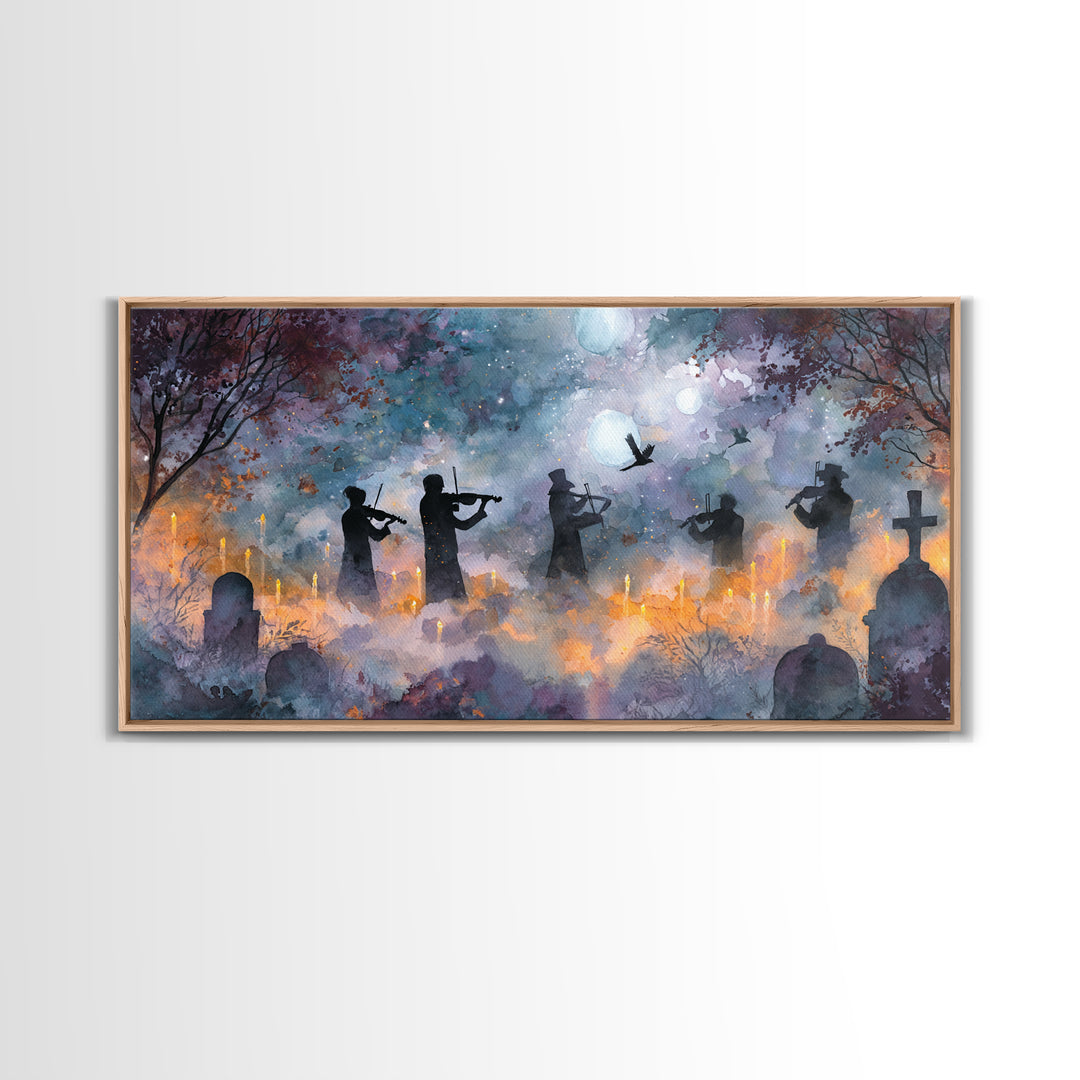 The Ghostly Violin Procession - Surreal Celestial Vision, Gothic Home Decor, Wide Panoramic Art, Canvas Print, Halloween Home Decor