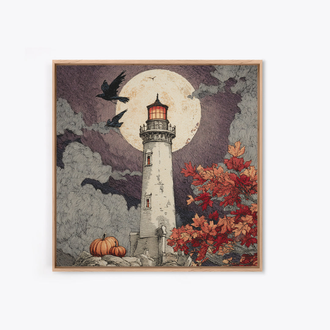 The Pumpkin Moon Lighthouse - Icon Portrait, Occult Wall Decor, Square Wall Art, Canvas Print, Halloween Home Decor, Gothic Wall Art