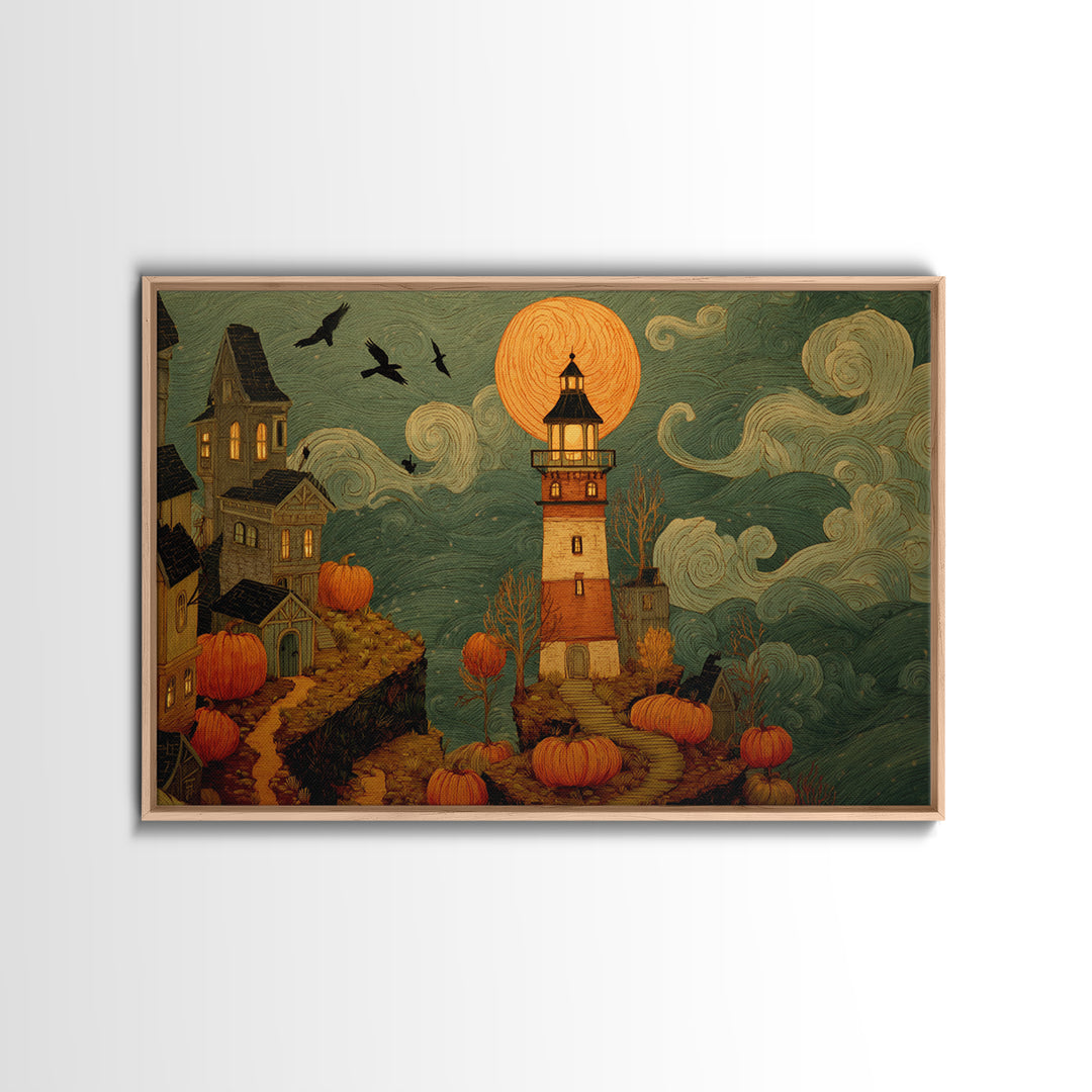 The Pumpkin Moon Lighthouse - Environmental Panorama, Dark Fantasy Wall Art, Landscape Wall Art, Canvas Print, Halloween Home Decor
