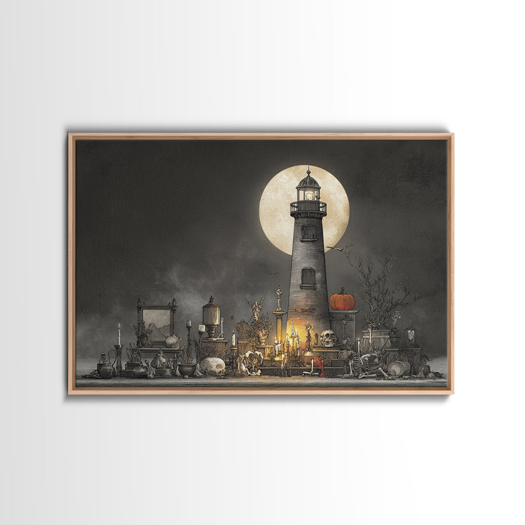 The Pumpkin Moon Lighthouse - Occult Still Life, Occult Wall Decor, Landscape Wall Art, Canvas Print, Halloween Home Decor, Gothic Wall Art