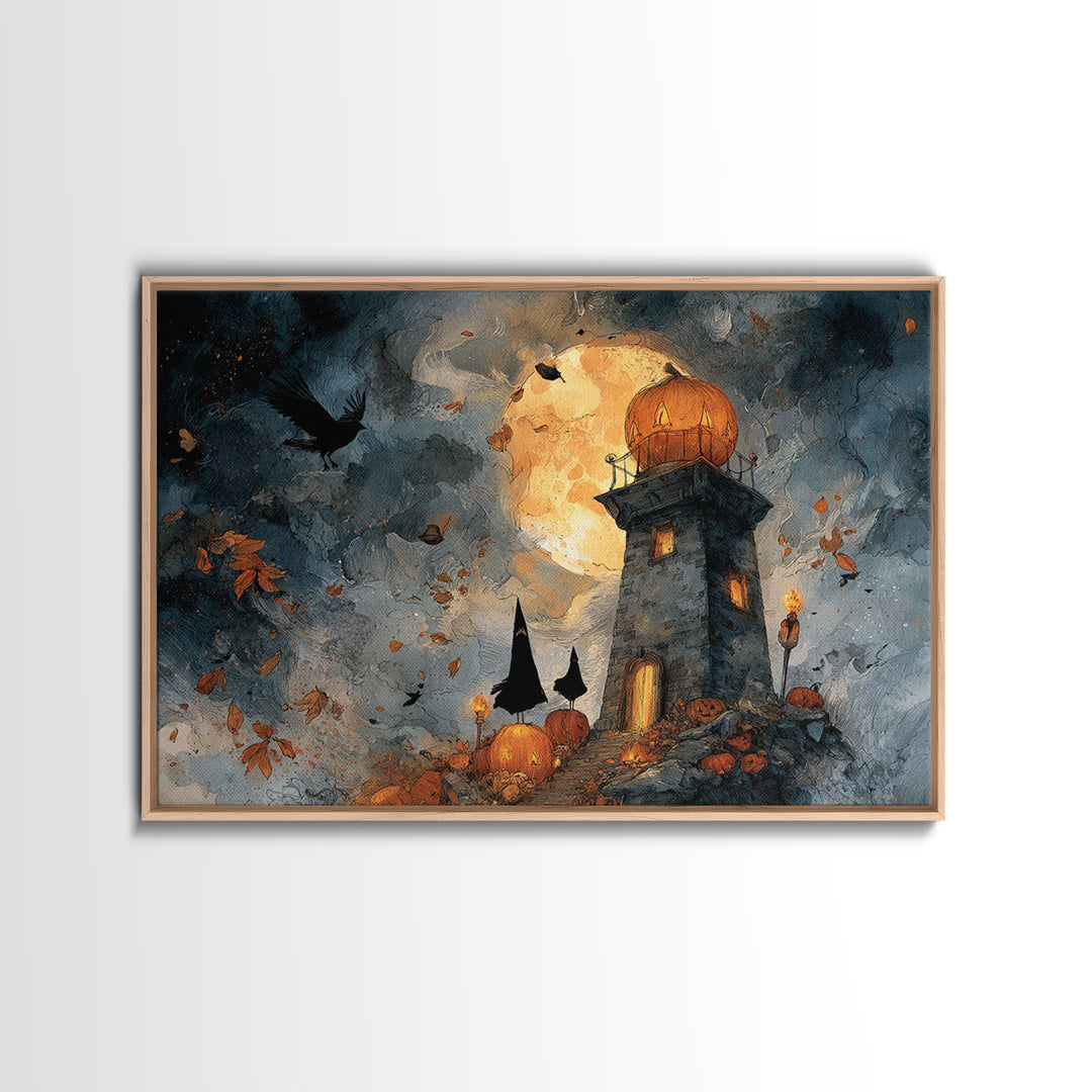 The Pumpkin Moon Lighthouse - Procession Scene, Dark Fantasy Wall Art, Landscape Wall Art, Canvas Print, Halloween Home Decor