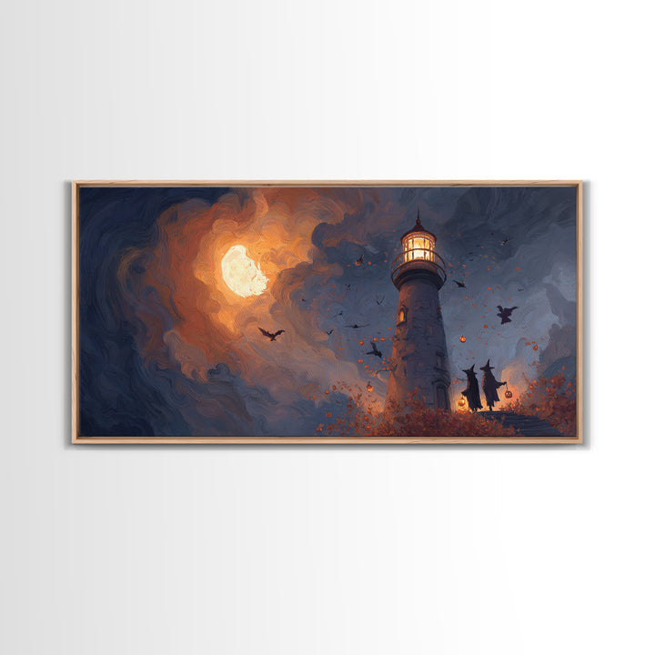 The Pumpkin Moon Lighthouse - Procession Scene, Occult Wall Decor, Wide Panoramic Art, Canvas Print, Halloween Home Decor, Gothic Wall Art
