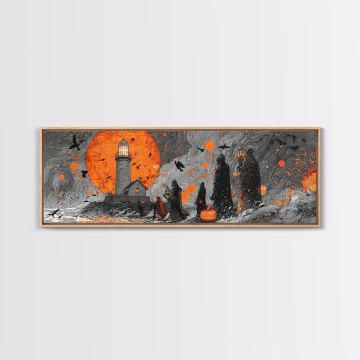 The Pumpkin Moon Lighthouse - Procession Scene, Spooky Wall Decor, Extra Wide Wall Art, Framed Canvas Print, Halloween Home Decor