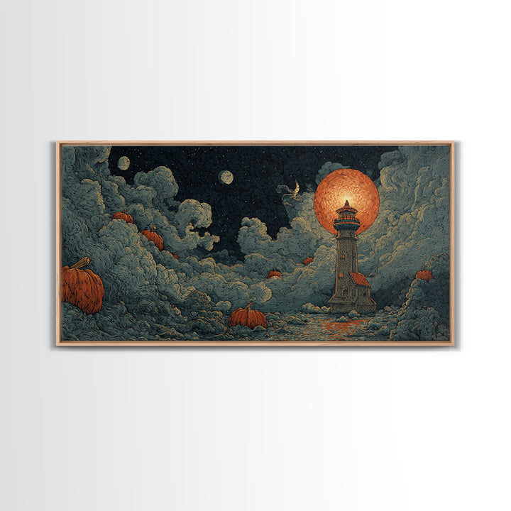 The Pumpkin Moon Lighthouse - Surreal Celestial Vision, Dark Fantasy Wall Art, Wide Panoramic Art, Canvas Print, Halloween Home Decor