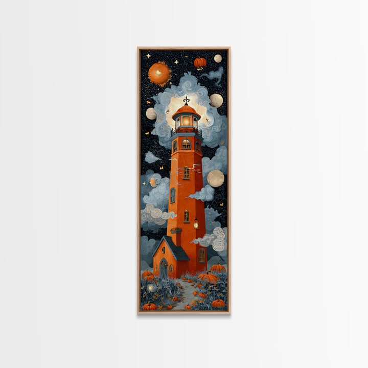The Pumpkin Moon Lighthouse - Surreal Celestial Vision, Spooky Wall Decor, Tall Narrow Wall Art, Framed Canvas Print, Halloween Home Decor