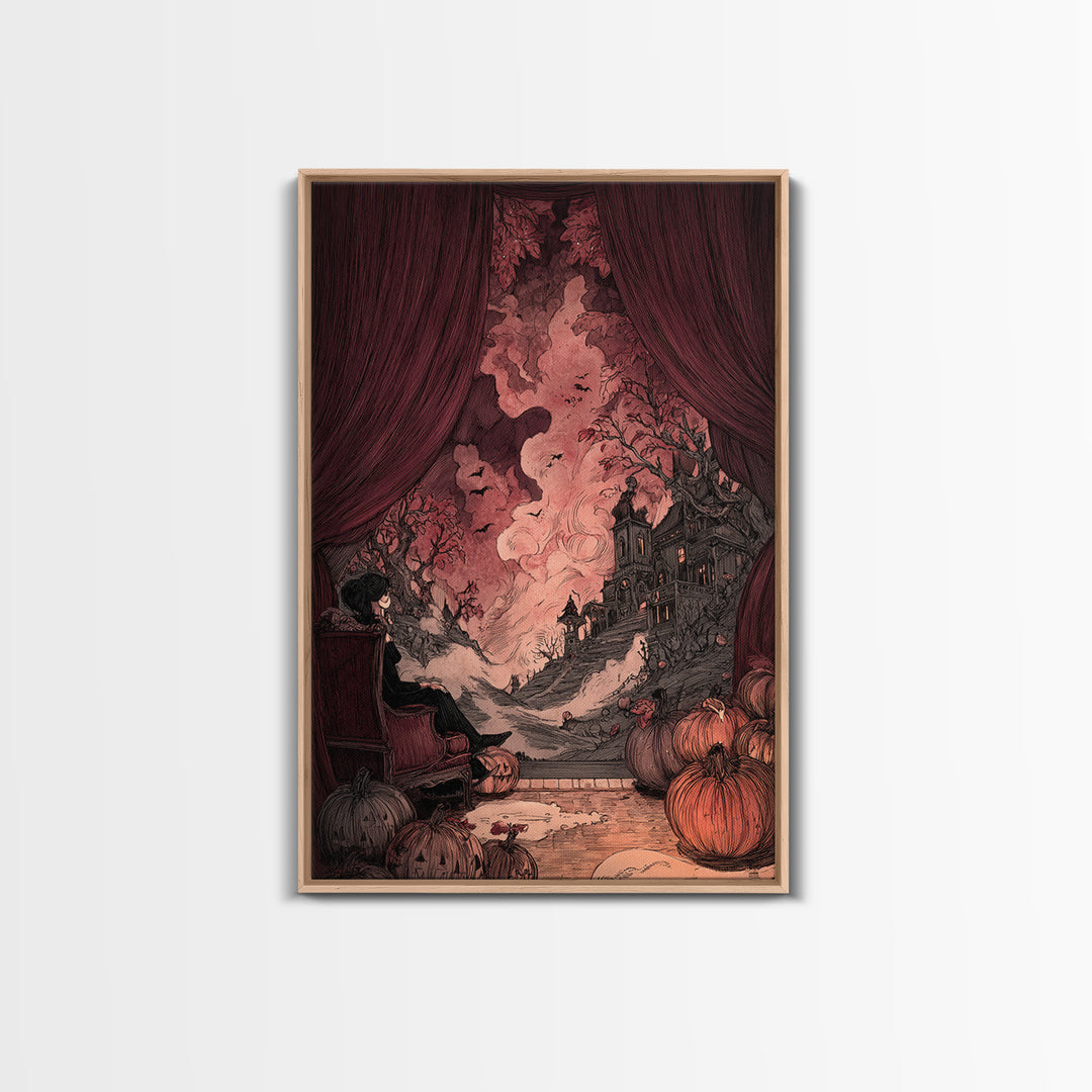 The Velvet Vampire Conservatory - Environmental Panorama, Macabre Halloween Art, Vertical Wall Art, Framed Canvas Print, Gothic Wall Art