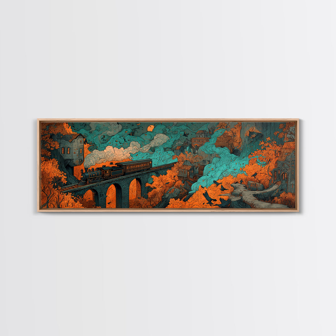 The Phantom Train Of October - Environmental Panorama, Spooky Wall Decor, Extra Wide Wall Art, Framed Canvas Print, Halloween Home Decor