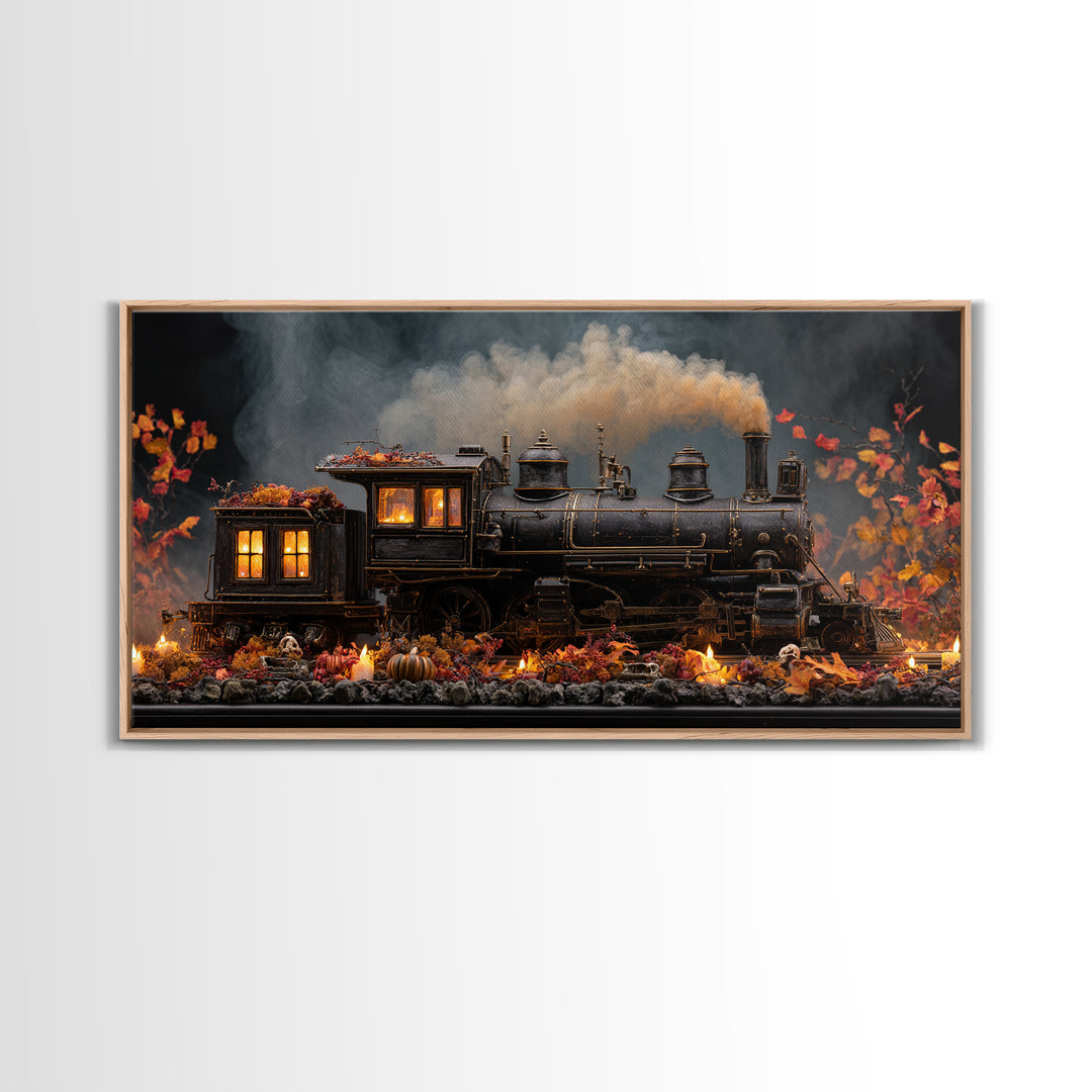 The Phantom Train Of October - Occult Still Life, Macabre Halloween Art, Wide Panoramic Art, Framed Canvas Print, Halloween Home Decor