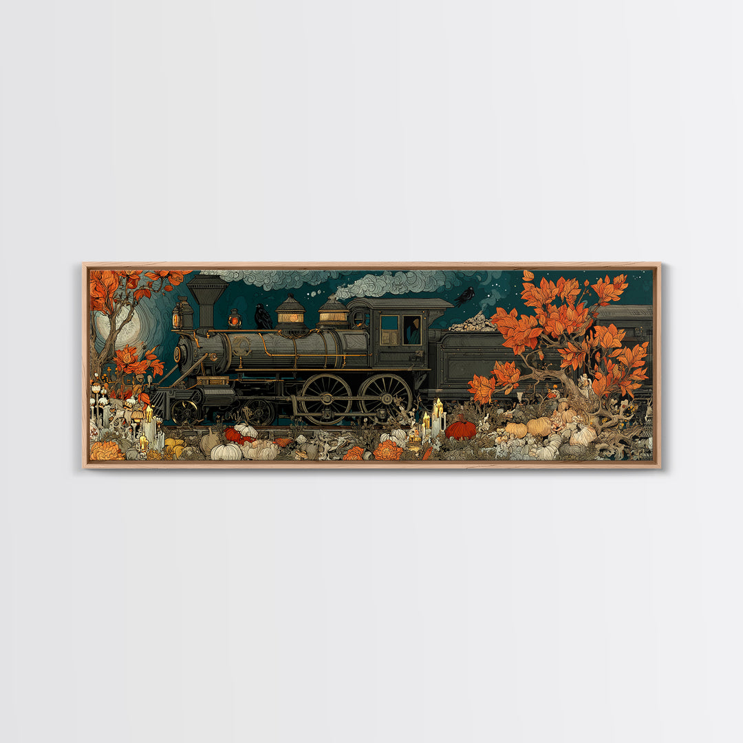 The Phantom Train Of October - Occult Still Life, Macabre Halloween Art, Extra Wide Wall Art, Framed Canvas Print, Halloween Home Decor
