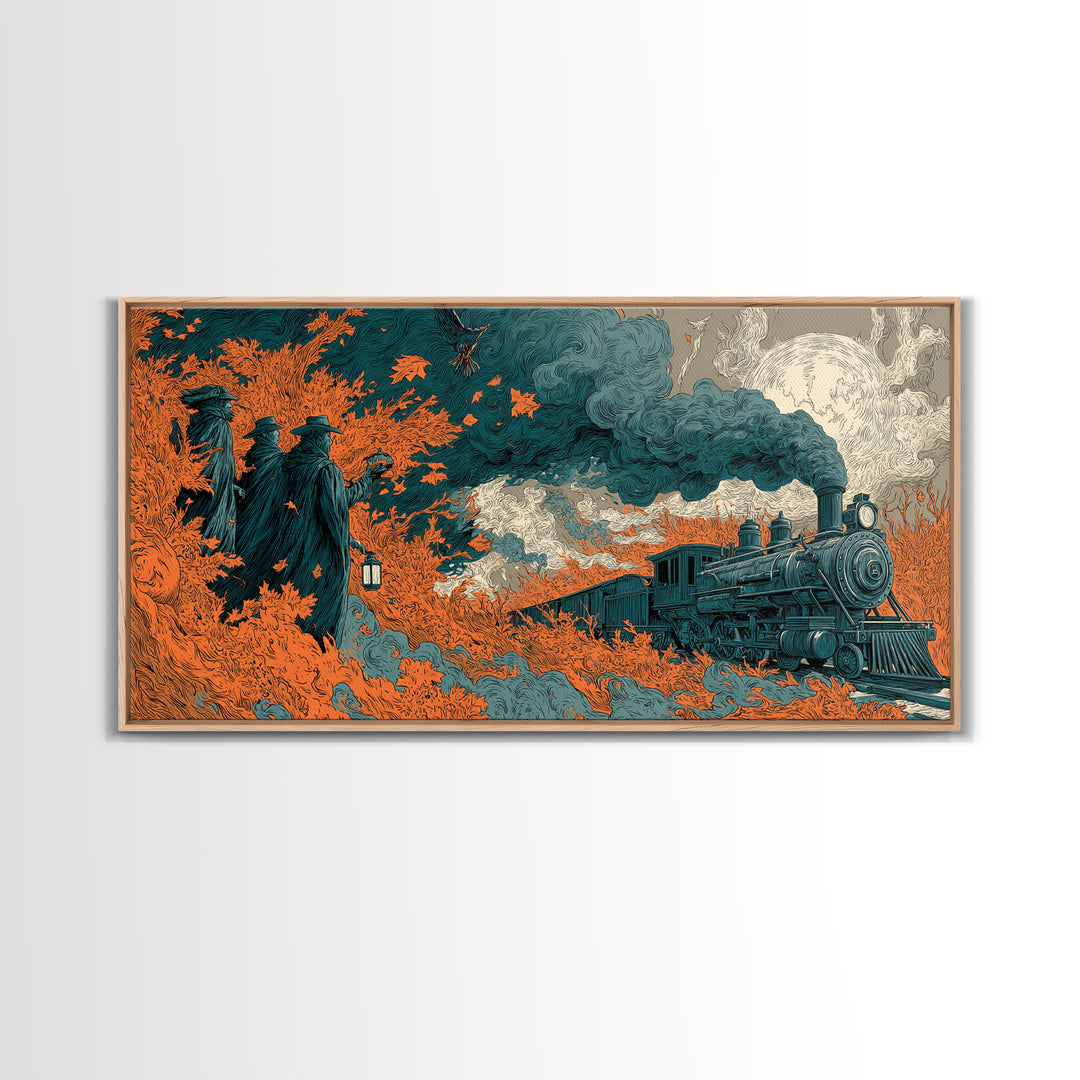 The Phantom Train Of October - Procession Scene, Halloween Wall Art, Wide Panoramic Art, Framed Canvas Print, Halloween Home Decor