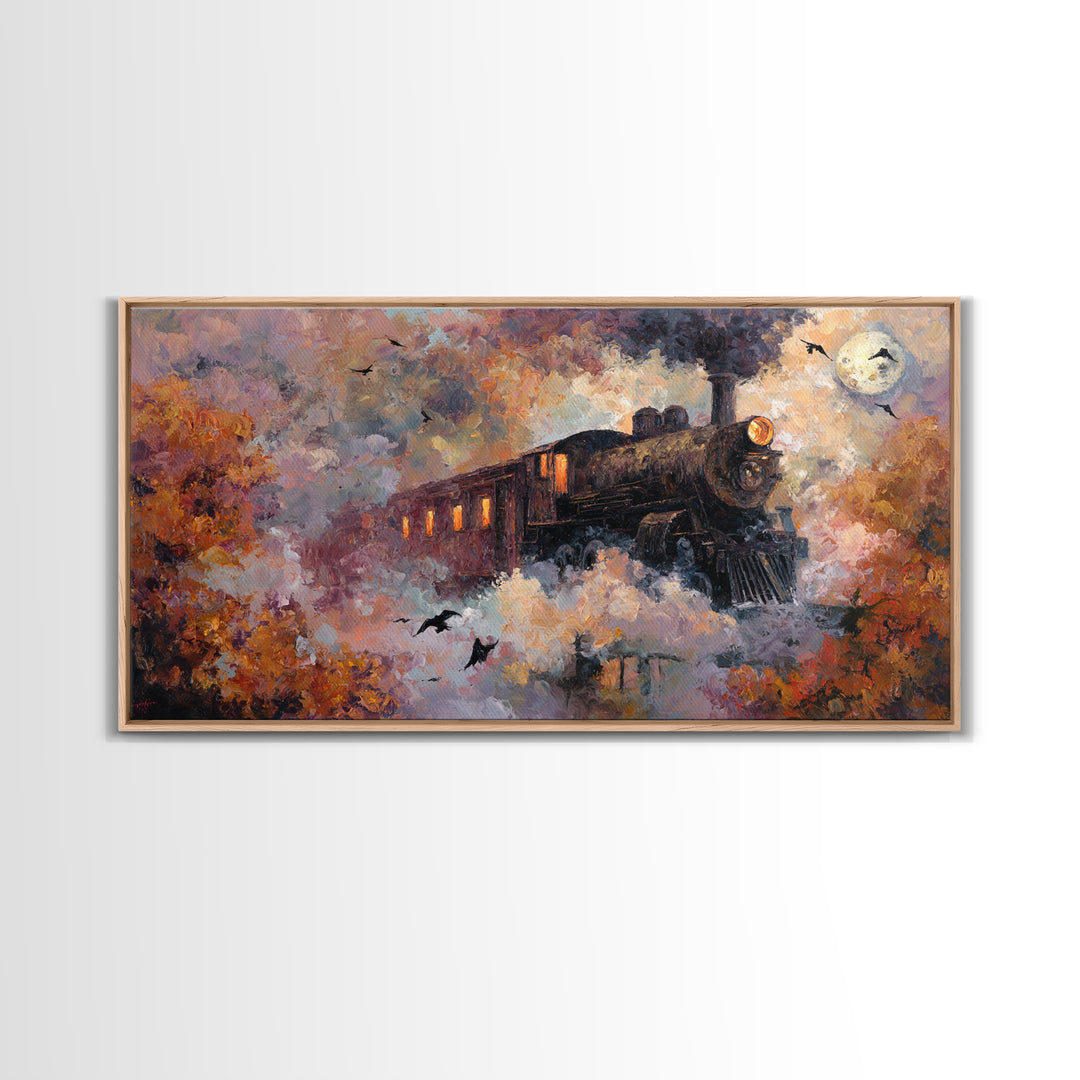 The Phantom Train Of October - Surreal Celestial Vision, Spooky Wall Decor, Wide Panoramic Art, Framed Canvas Print, Halloween Home Decor