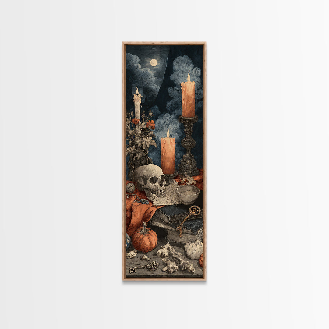 The Bone Key Still Life - Occult Still Life, Spooky Wall Decor, Tall Narrow Wall Art, Framed Canvas Print, Halloween Home Decor