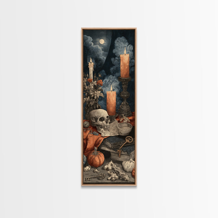 The Bone Key Still Life - Occult Still Life, Spooky Wall Decor, Tall Narrow Wall Art, Framed Canvas Print, Halloween Home Decor