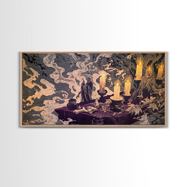 The Bone Key Still Life - Procession Scene, Spooky Wall Decor, Wide Panoramic Art, Framed Canvas Print, Halloween Home Decor