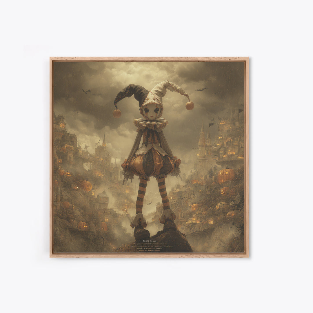The Haunted Harlequin Doll - Environmental Panorama, Spooky Wall Decor, Square Wall Art, Framed Canvas Print, Halloween Home Decor