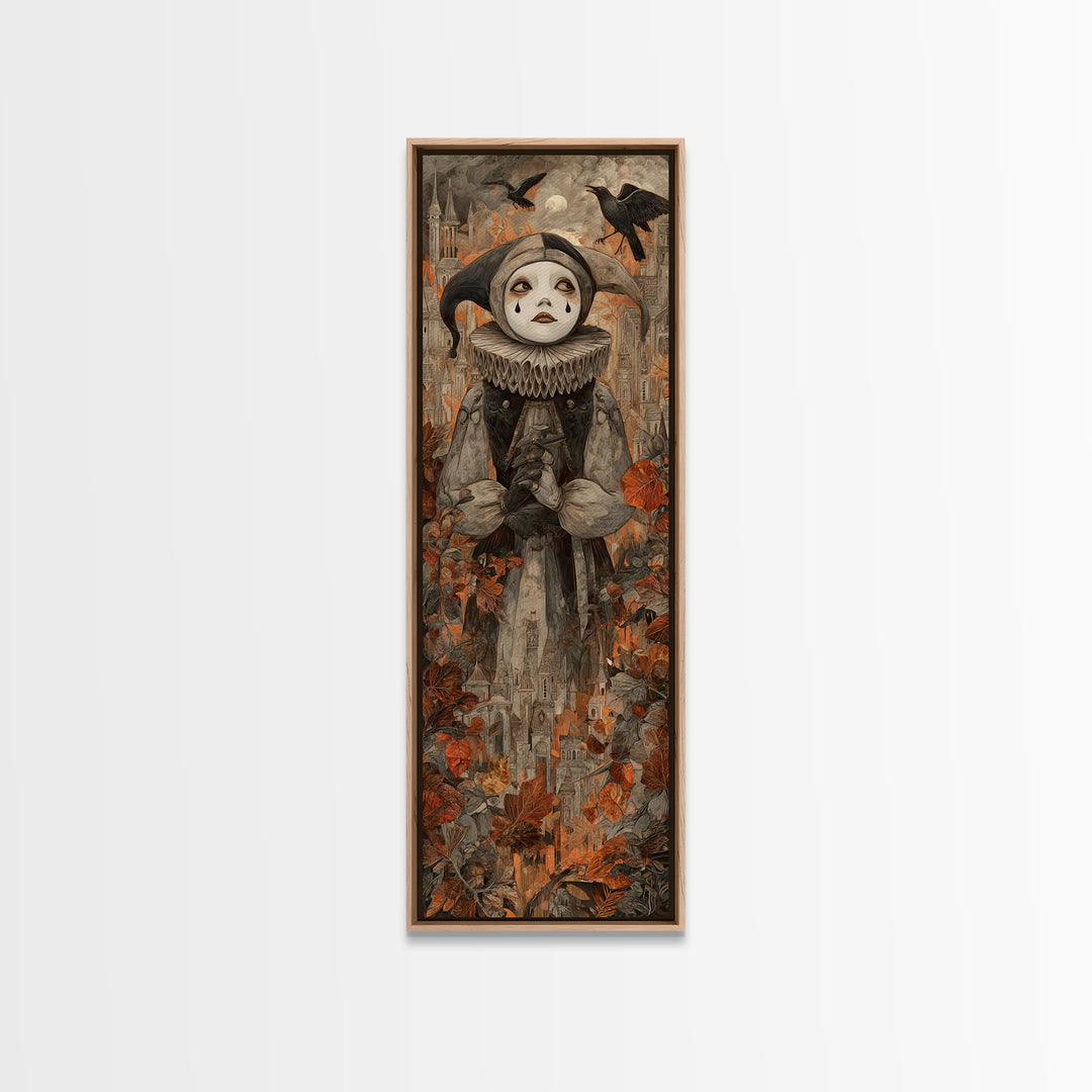 The Haunted Harlequin Doll - Environmental Panorama, Halloween Wall Art, Tall Narrow Wall Art, Framed Canvas Print, Halloween Home Decor