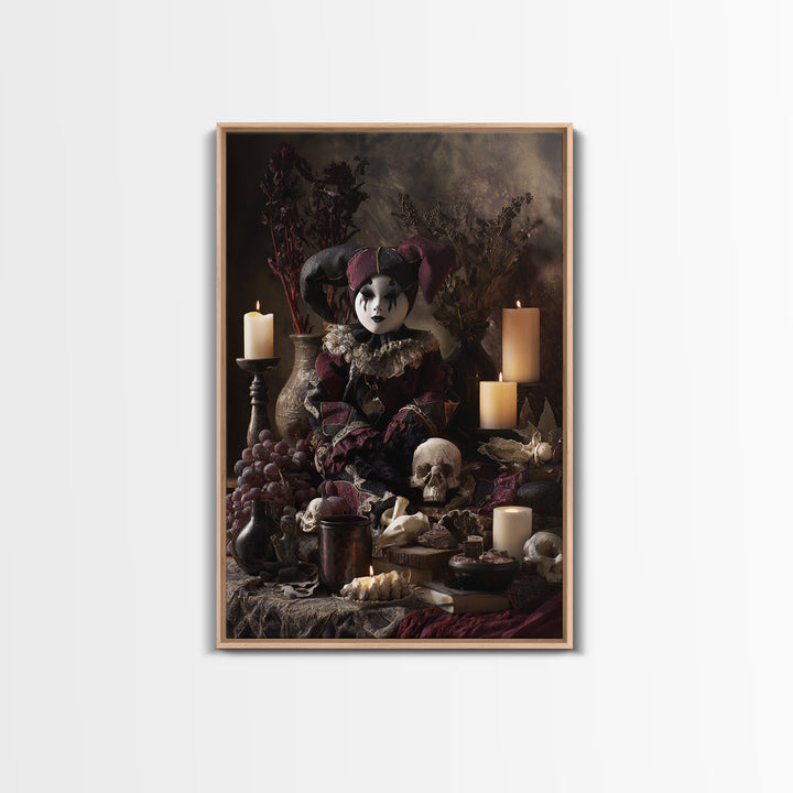The Haunted Harlequin Doll - Occult Still Life, Halloween Wall Art, Vertical Wall Art, Framed Canvas Print, Halloween Home Decor