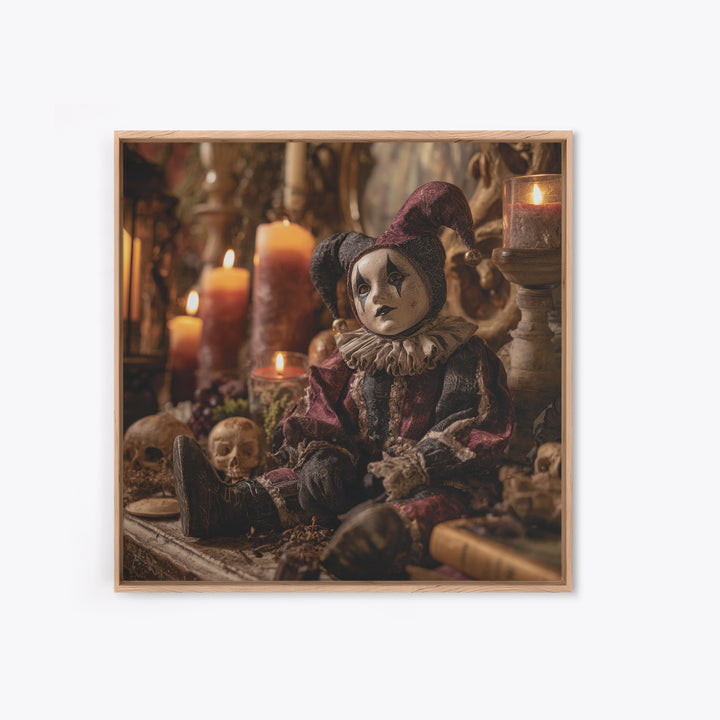 The Haunted Harlequin Doll - Occult Still Life, Spooky Wall Decor, Square Wall Art, Framed Canvas Print, Halloween Home Decor