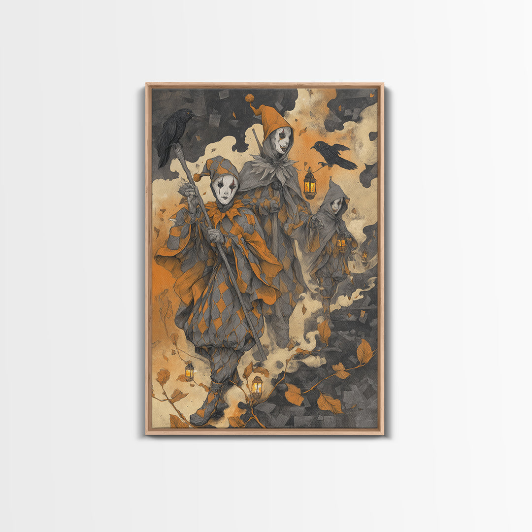 The Haunted Harlequin Doll - Procession Scene, Halloween Wall Art, Vertical Wall Art, Framed Canvas Print, Halloween Home Decor
