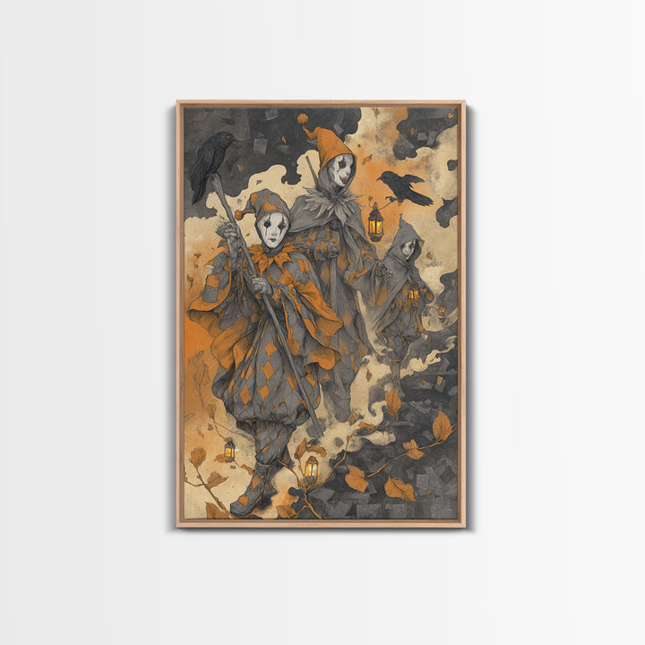 The Haunted Harlequin Doll - Procession Scene, Halloween Wall Art, Vertical Wall Art, Framed Canvas Print, Halloween Home Decor