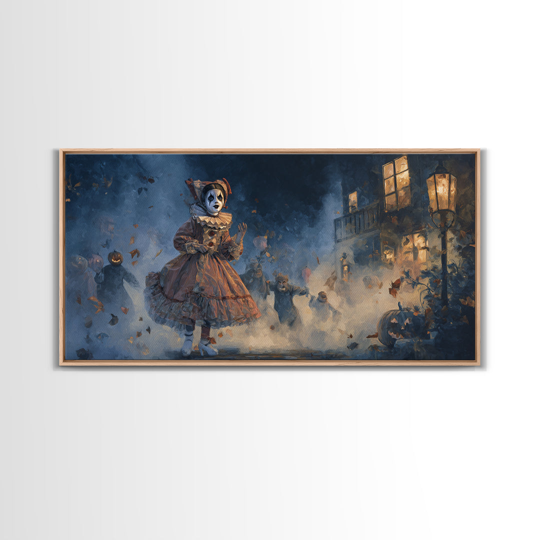 The Haunted Harlequin Doll - Procession Scene, Dark Fantasy Wall Art, Wide Panoramic Art, Canvas Print, Halloween Home Decor