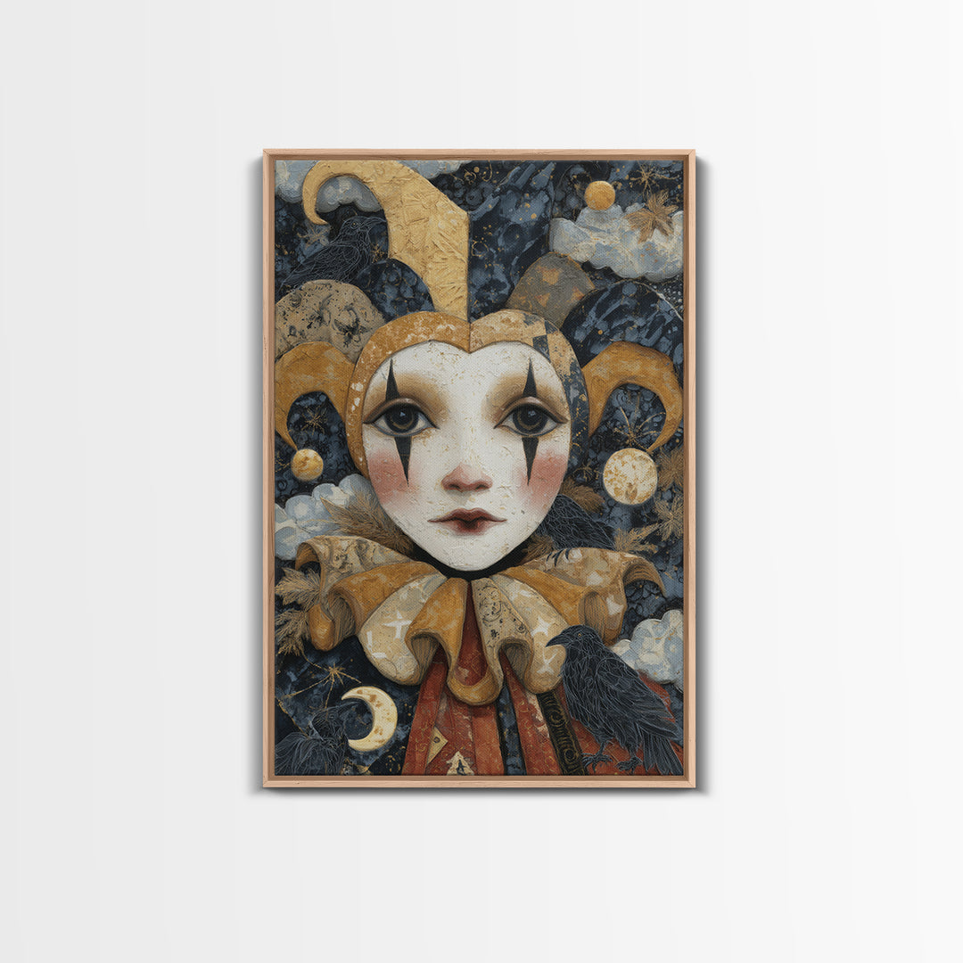 The Haunted Harlequin Doll - Surreal Celestial Vision, Dark Fantasy Wall Art, Vertical Wall Art, Canvas Print, Halloween Home Decor