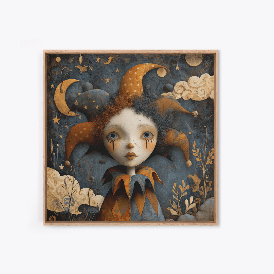 The Haunted Harlequin Doll - Surreal Celestial Vision, Halloween Wall Art, Square Wall Art, Framed Canvas Print, Halloween Home Decor