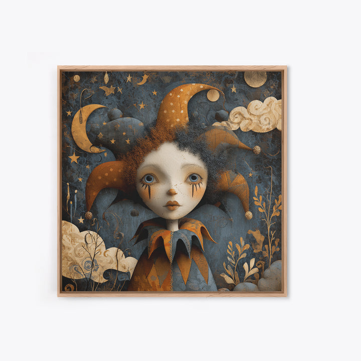 The Haunted Harlequin Doll - Surreal Celestial Vision, Halloween Wall Art, Square Wall Art, Framed Canvas Print, Halloween Home Decor