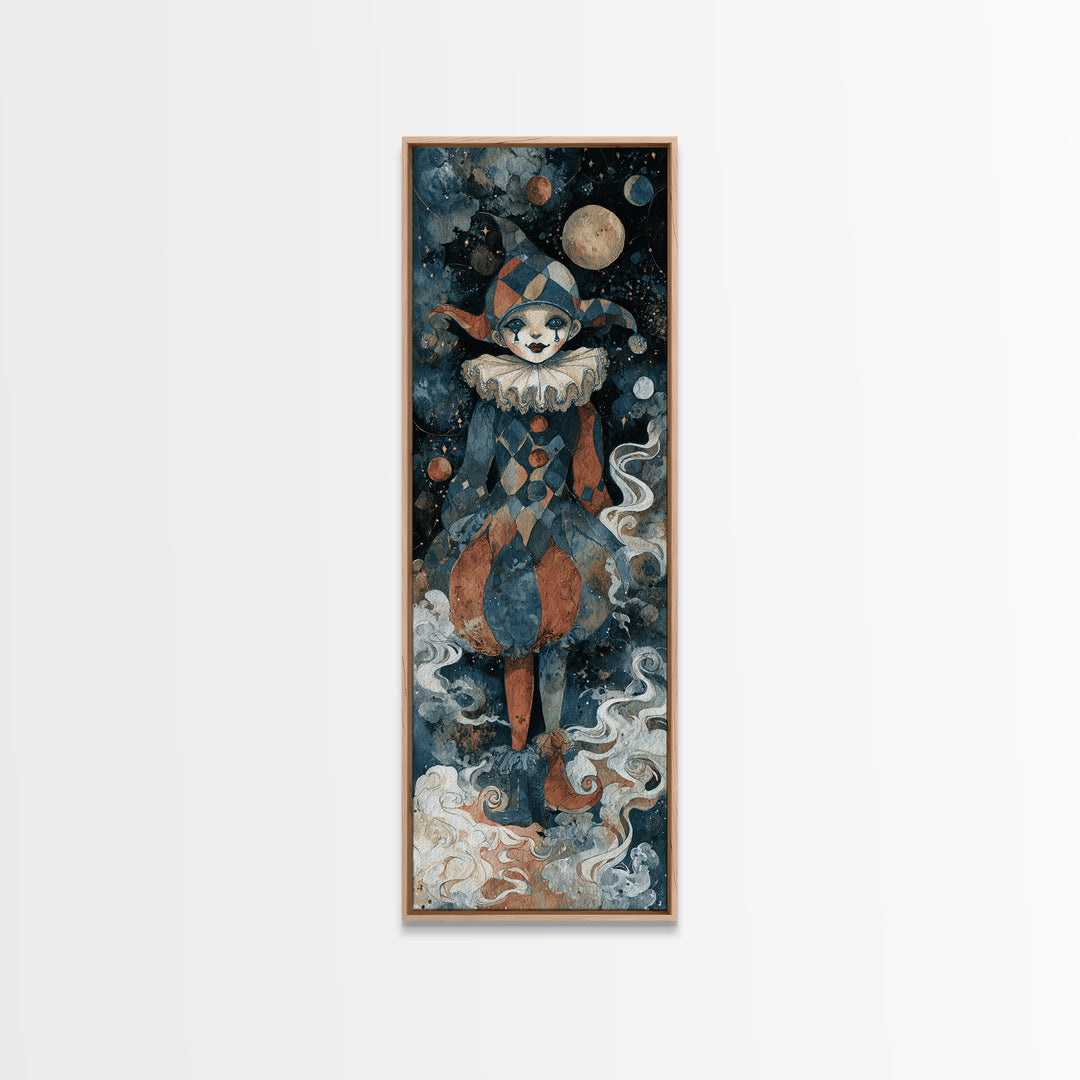 The Haunted Harlequin Doll - Surreal Celestial Vision, Dark Fantasy Wall Art, Tall Narrow Wall Art, Canvas Print, Halloween Home Decor