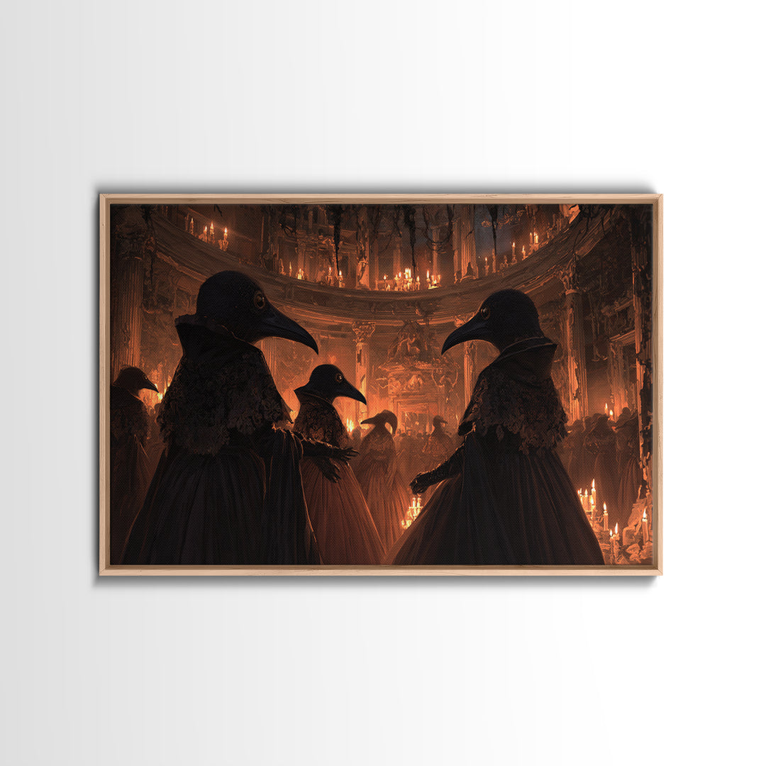 The Raven-Masked Ballroom - Icon Portrait, Macabre Halloween Art, Landscape Wall Art, Framed Canvas Print, Halloween Home Decor