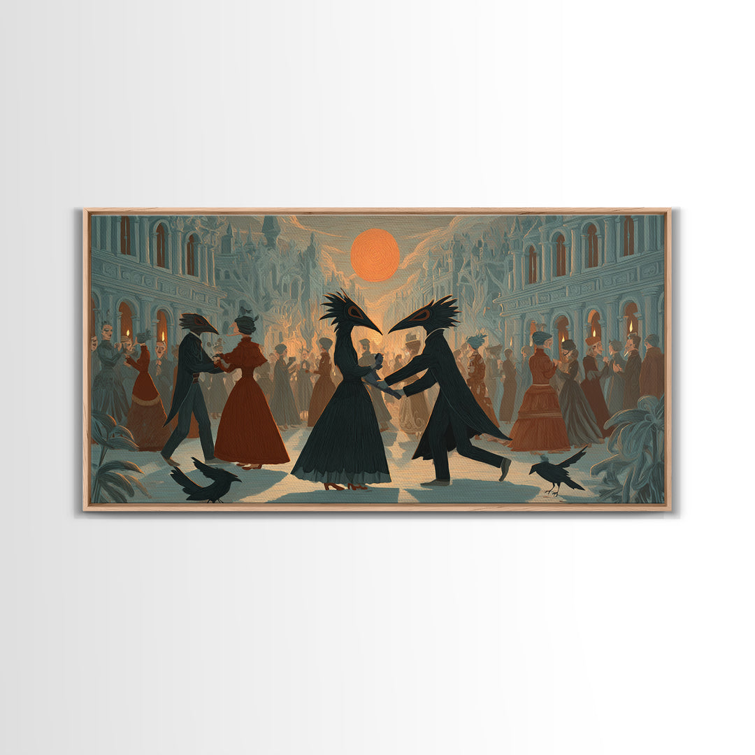 The Raven-Masked Ballroom - Environmental Panorama, Macabre Halloween Art, Wide Panoramic Art, Framed Canvas Print, Halloween Home Decor