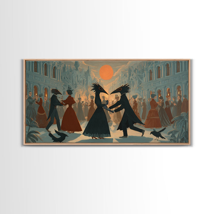 The Raven-Masked Ballroom - Environmental Panorama, Macabre Halloween Art, Wide Panoramic Art, Framed Canvas Print, Halloween Home Decor